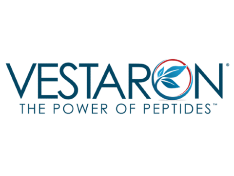 Logo of Vestaron in Blue with a leaf in the O