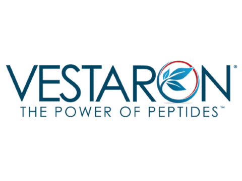 Logo of Vestaron in Blue with a leaf in the O
